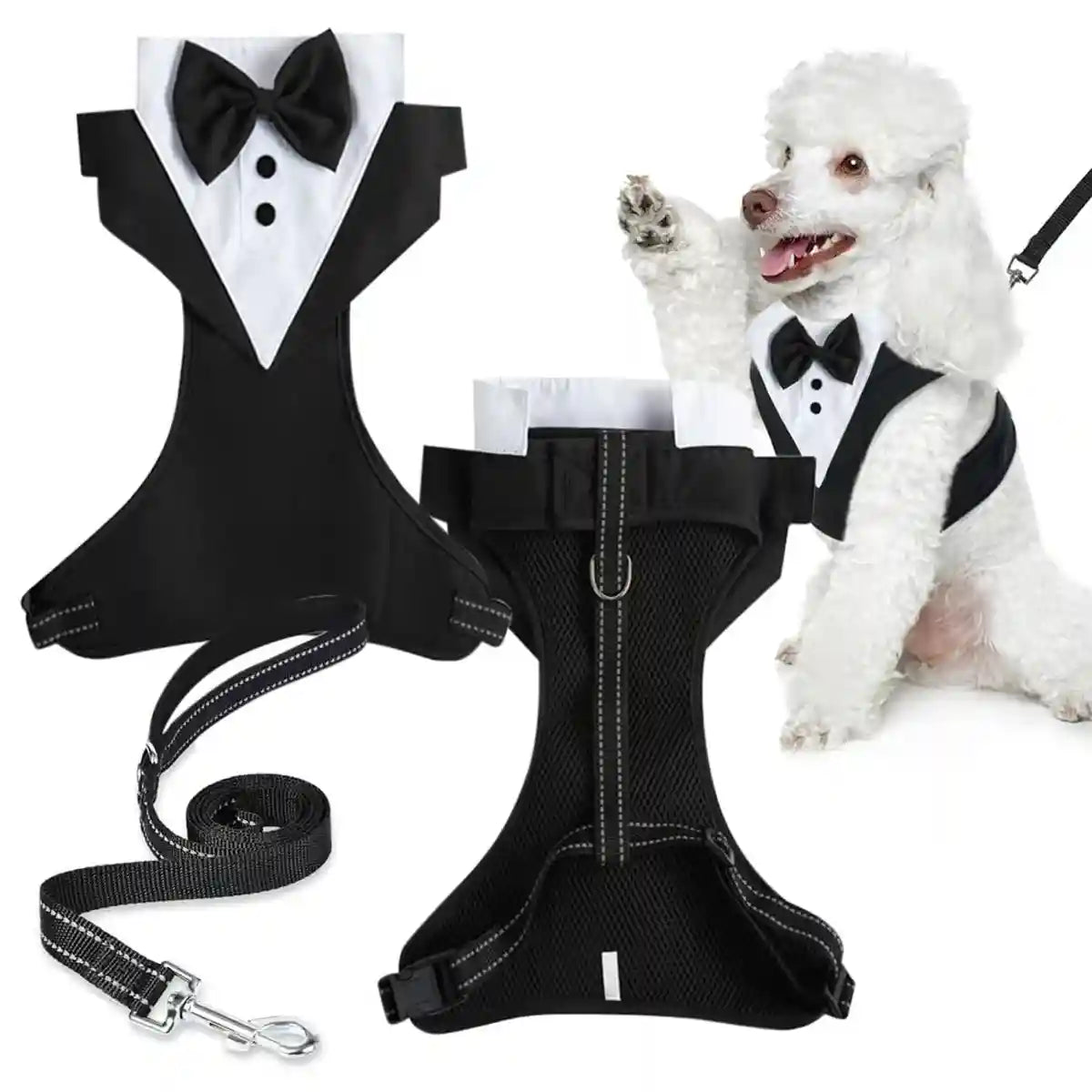 Adjustable Dog Harness and Leash Set with Bowtie No-Pull Vest Design