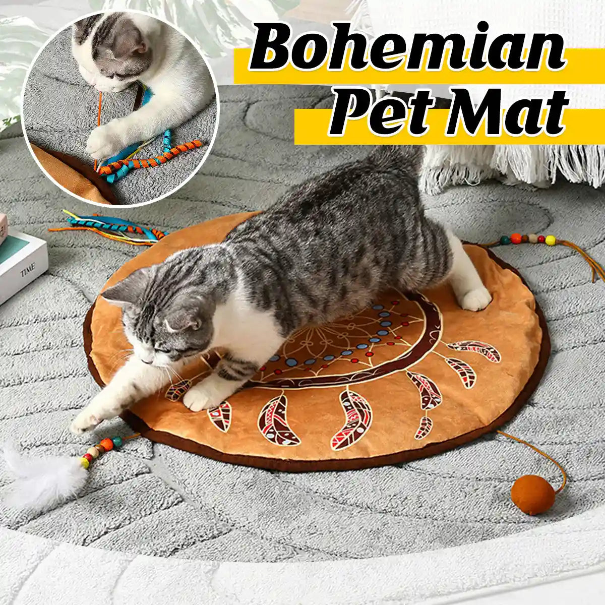 Bohemian Pet Mat Cat Play Rug With Toys & Non-Slip Design