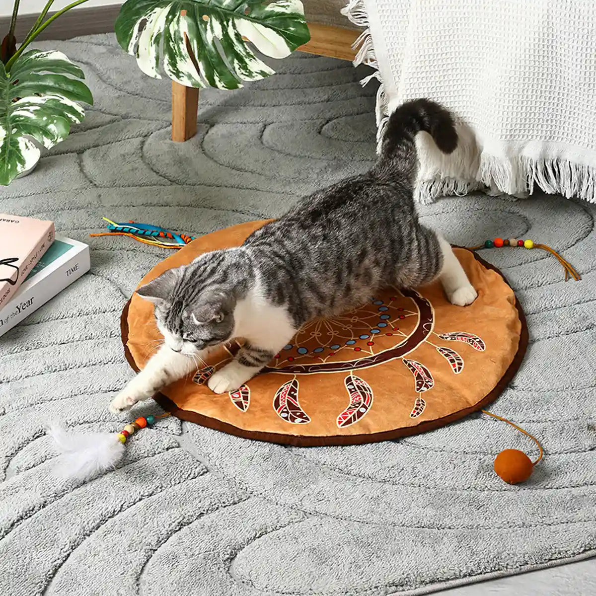 Bohemian Pet Mat Cat Play Rug With Toys & Non-Slip Design