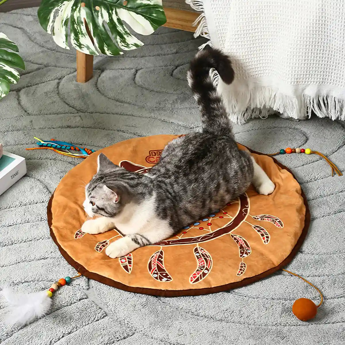 Bohemian Pet Mat Cat Play Rug With Toys & Non-Slip Design