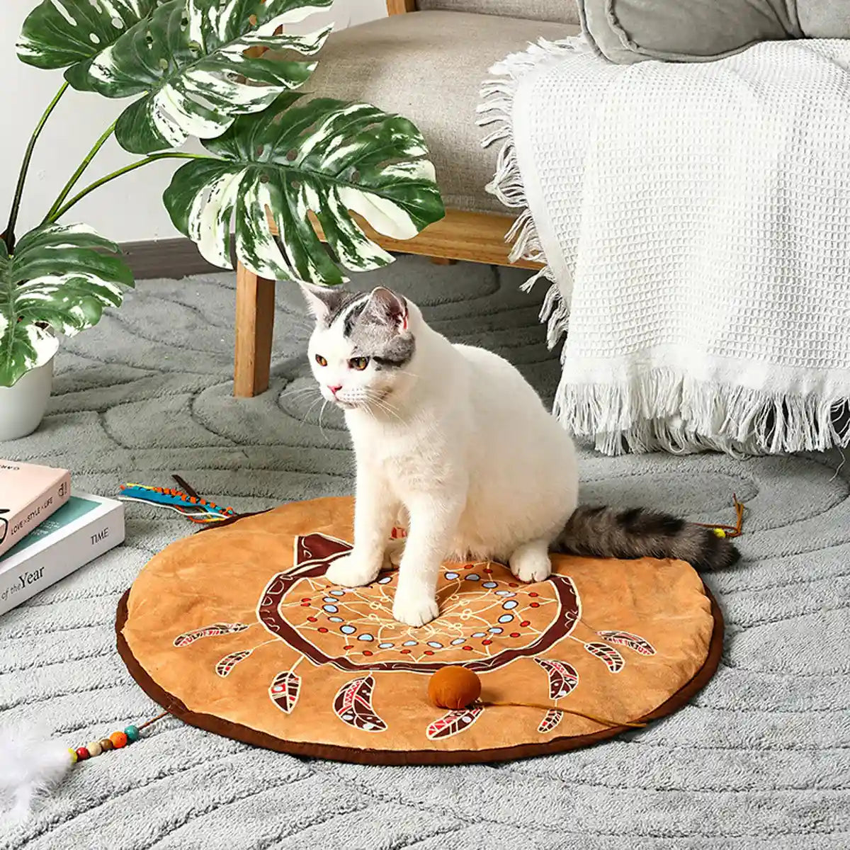 Bohemian Pet Mat Cat Play Rug With Toys & Non-Slip Design