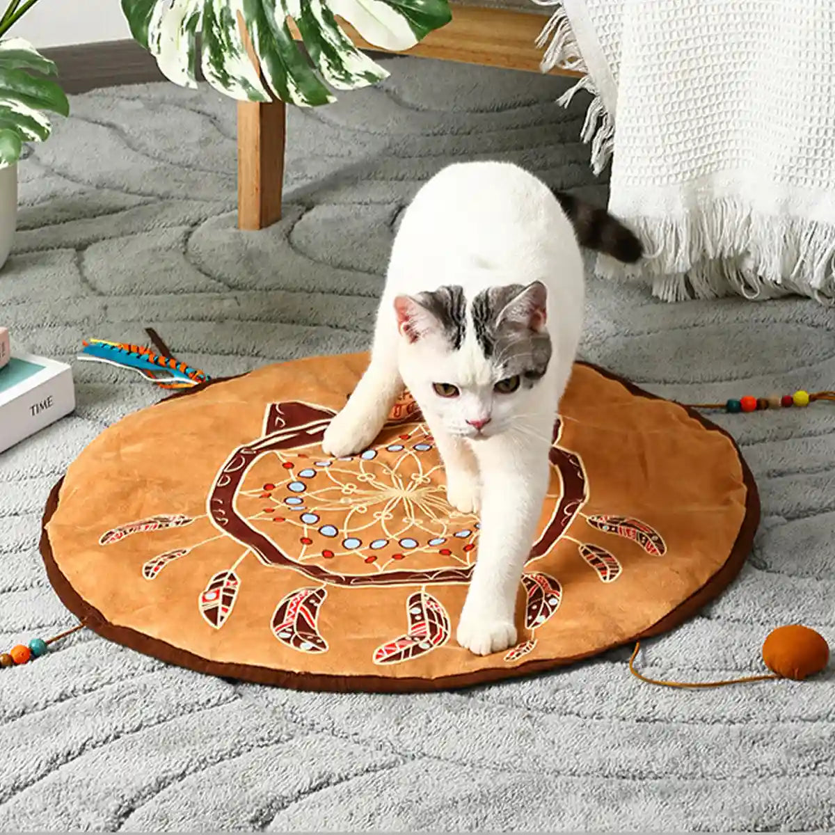Bohemian Pet Mat Cat Play Rug With Toys & Non-Slip Design