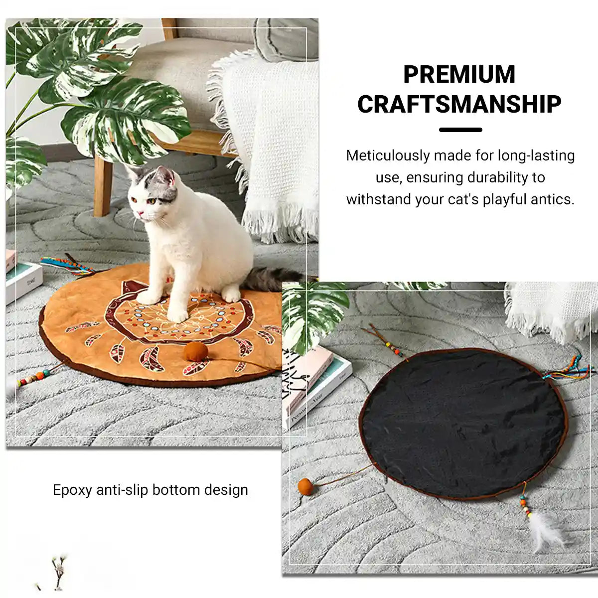 Bohemian Pet Mat Cat Play Rug With Toys & Non-Slip Design