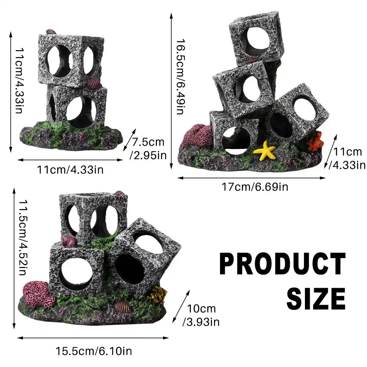 Square Aquarium Cave Resin Set for Small Fish Habitat and Aquascaping