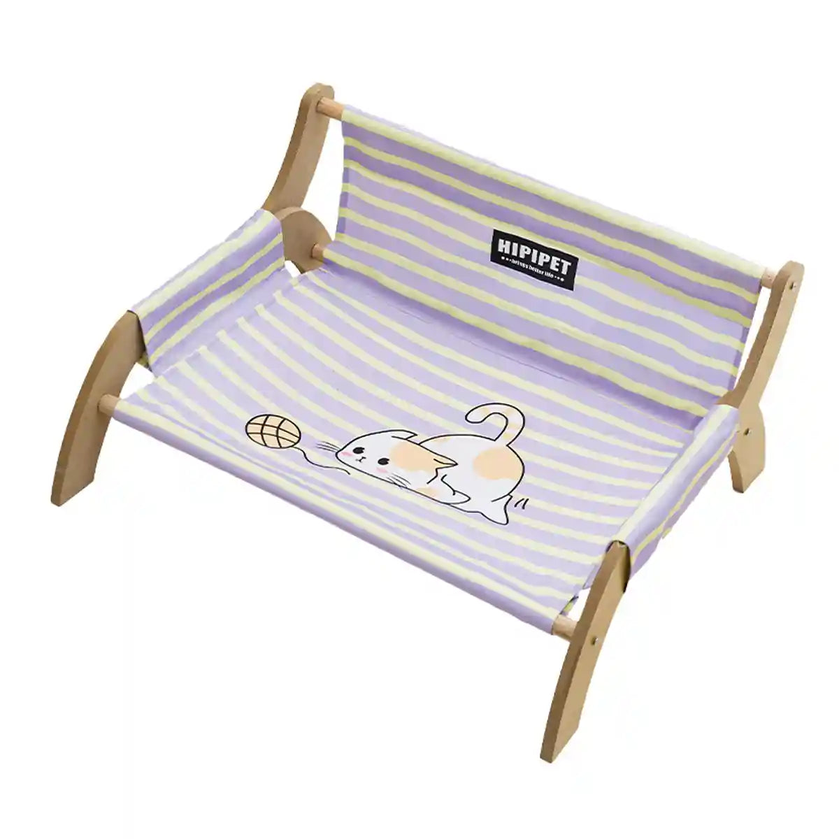 Striped Pet Lounger Bed with Wooden Frame for Small Dogs and Cats