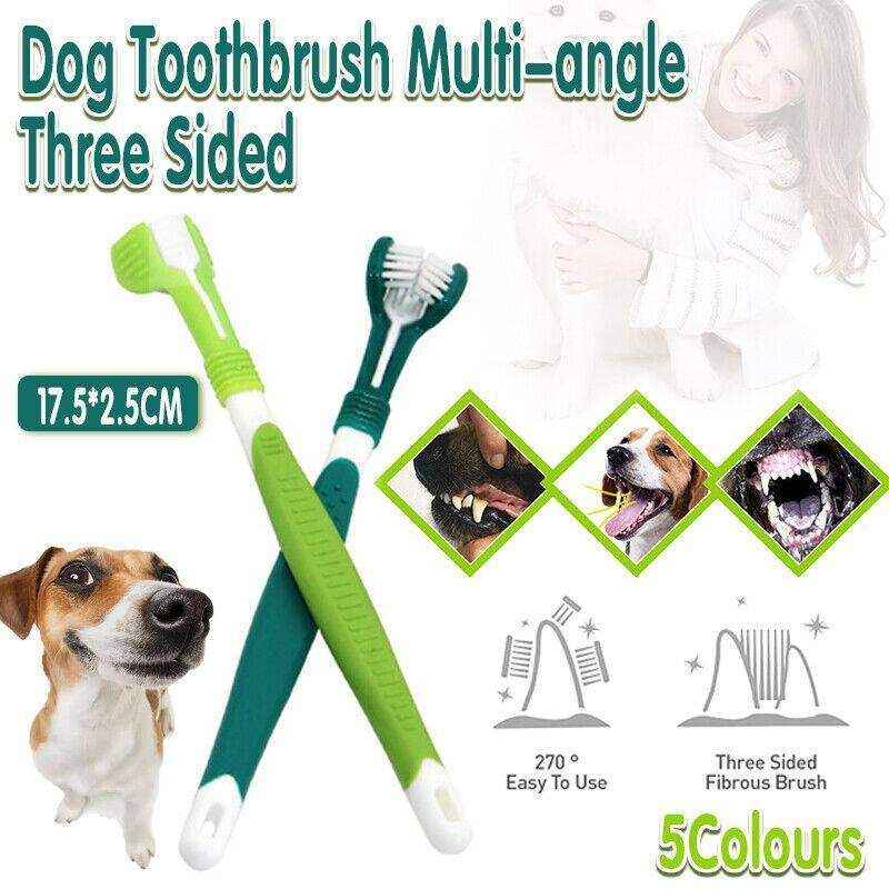 Three-sided dog toothbrush for dental care, suitable for all breeds.