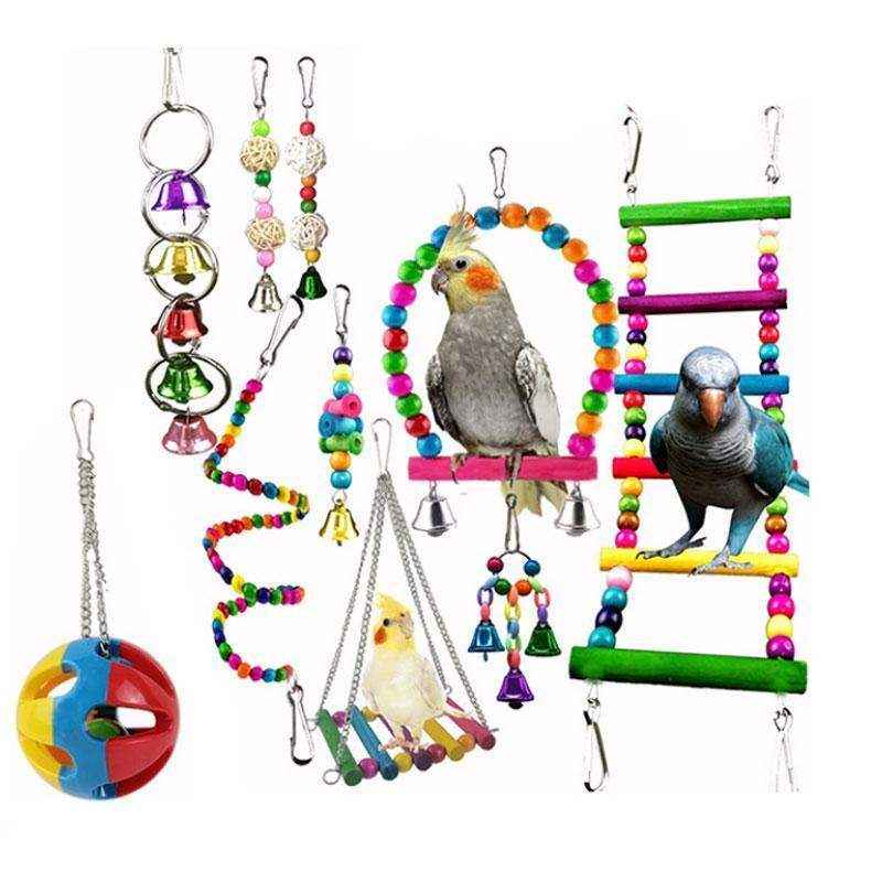 Colorful Hanging Bird Toy Set with Bells and Ladder Parrot Cage Toys