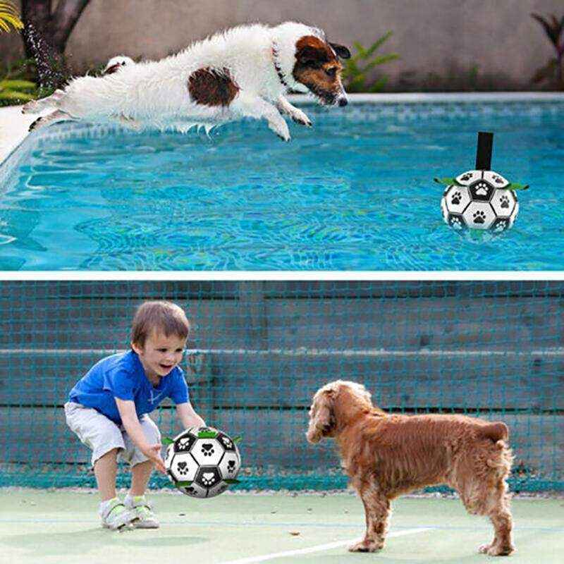 Dog happily playing with an Interactive Dog Soccer Ball outdoors