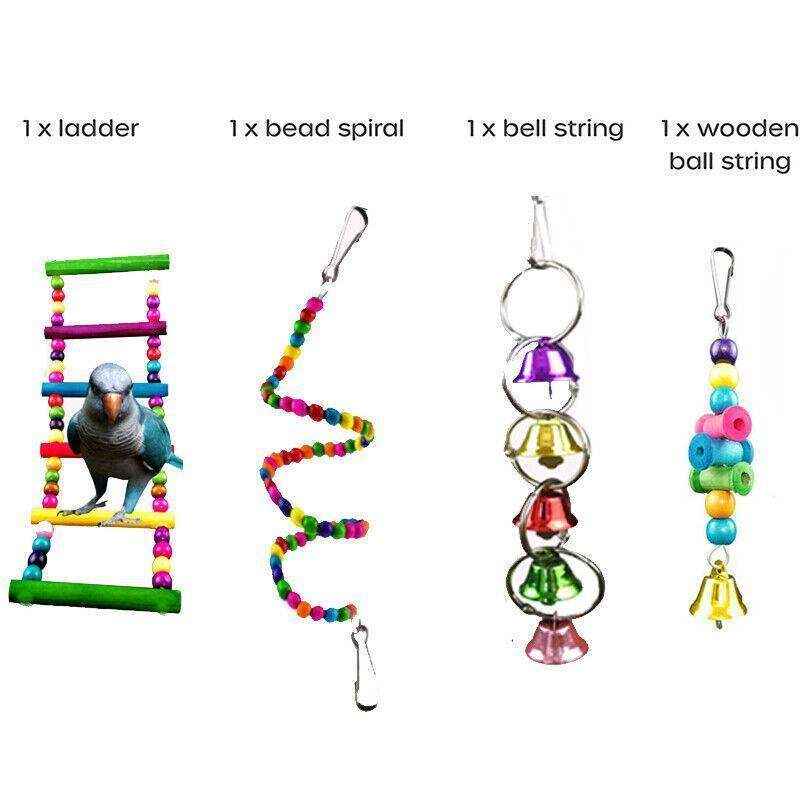 Colorful Hanging Bird Toy Set with Bells and Ladder Parrot Cage Toys
