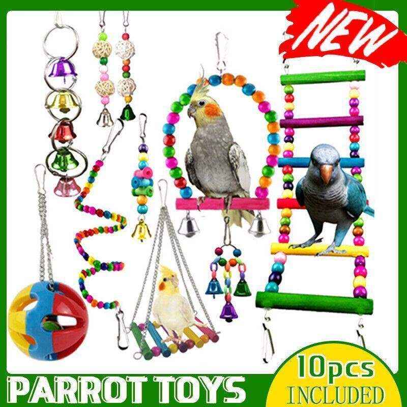 Colorful Hanging Bird Toy Set with Bells and Ladder Parrot Cage Toys