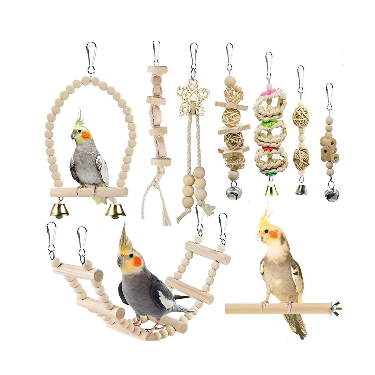 9PCS Bird Toys Set for Parrots Wooden Chew Swing Ladder Kit