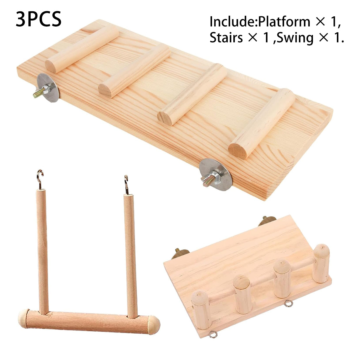 3PCS Wooden Bird Toys Set With Swing Ladder and Platform