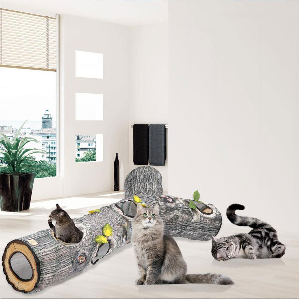 Y-Shaped Tree Trunk Cat Tunnel for Indoor & Outdoor Pet Play