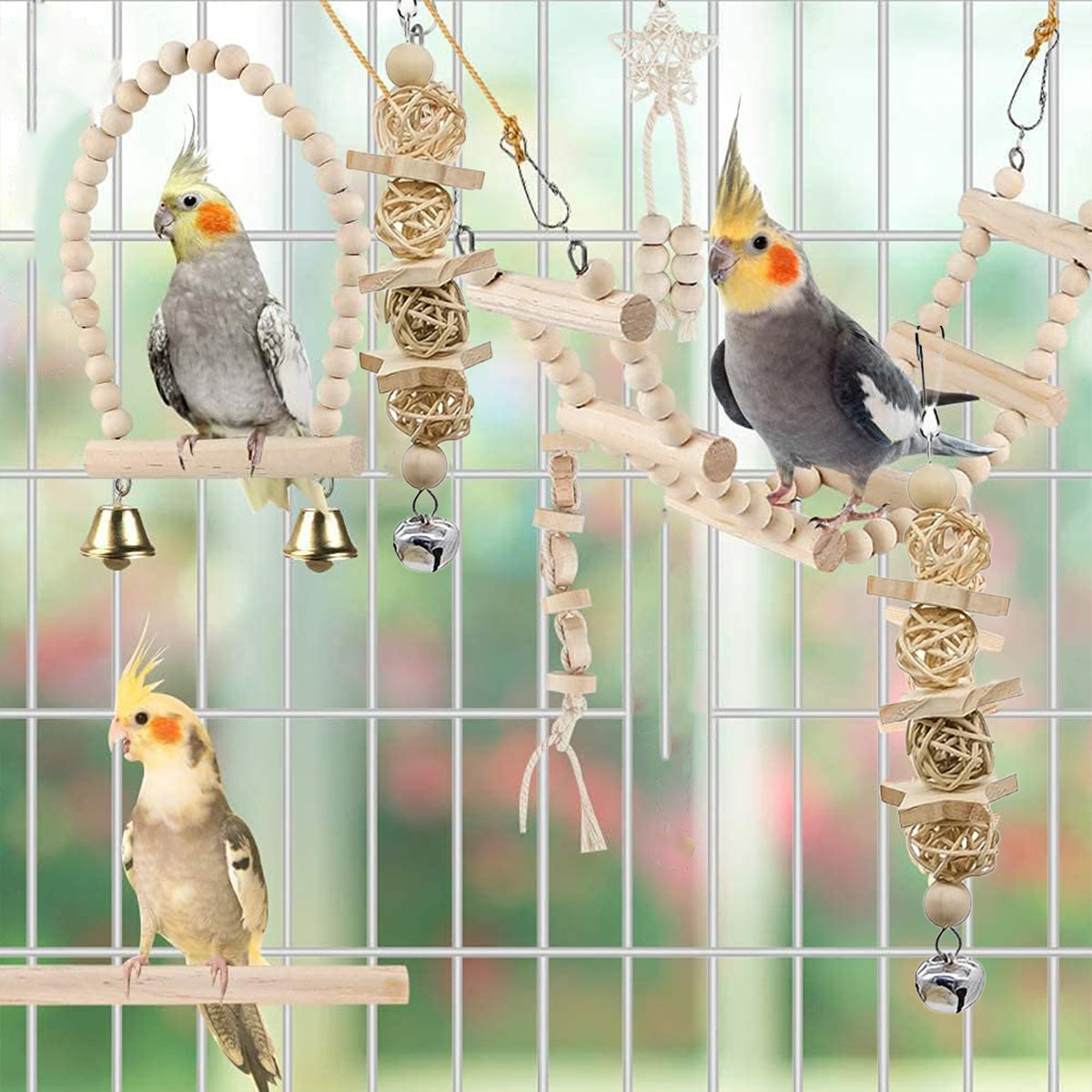 9PCS Bird Toys Set for Parrots Wooden Chew Swing Ladder Kit