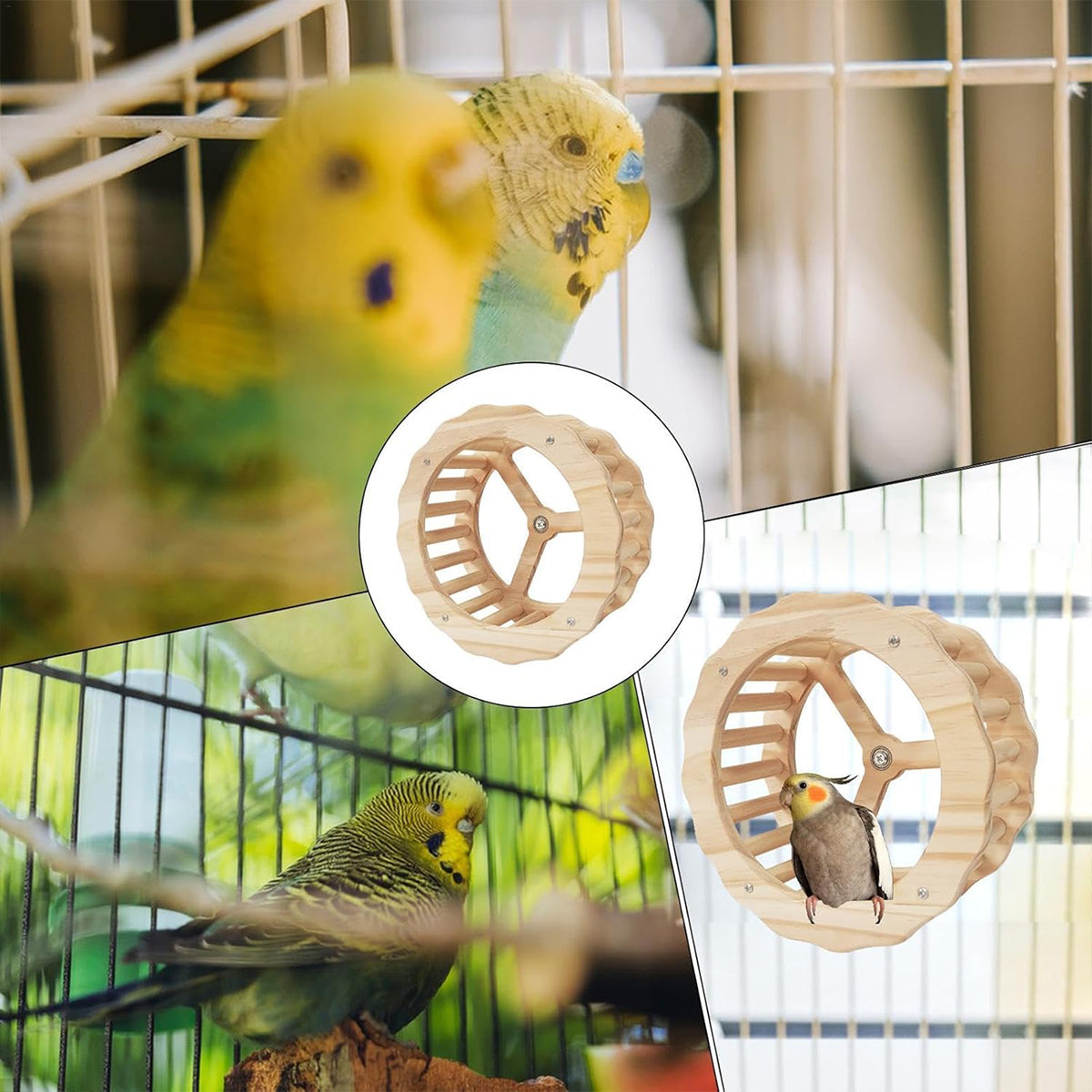 Wooden Parrot Toy Set with Spinning Wheel & Rocker for Cage Mounting
