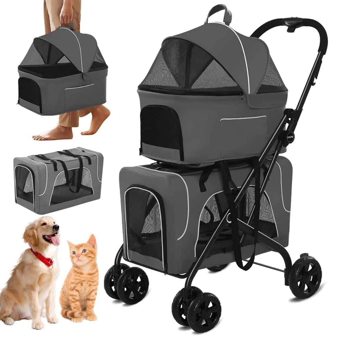 3-In-1 Double Deck Pet Stroller With Carrier