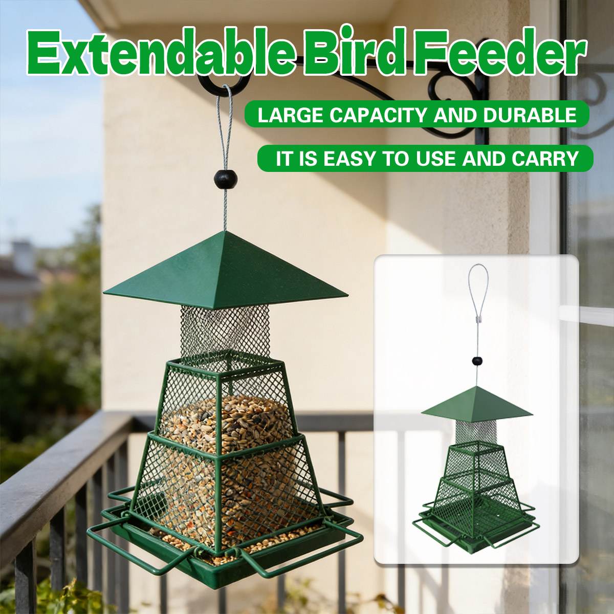 Retractable Outdoor Bird Feeder - Extendable Hanging Metal Bird Feeder for Garden