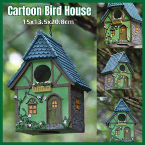 Resin cartoon bird house hanging in outdoor garden