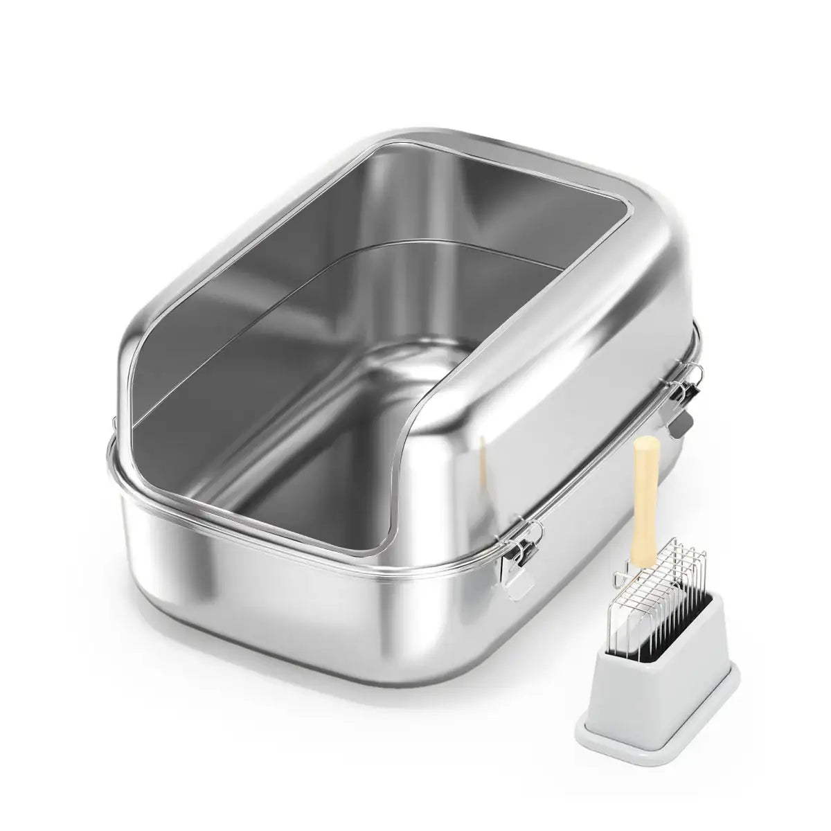 High-Wall Stainless Steel Cat Litter Box With Scoop