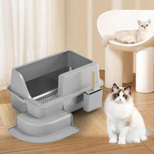 Raised Edge Cat Litter Box with Step Design for Easy Access