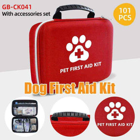 Dog first aid kit in a red waterproof case with 101-piece pet emergency supplies.