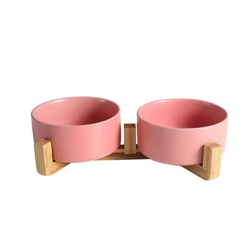 Ceramic Cat Bowl Set Elevated Double Pet Bowls with Bamboo Stand