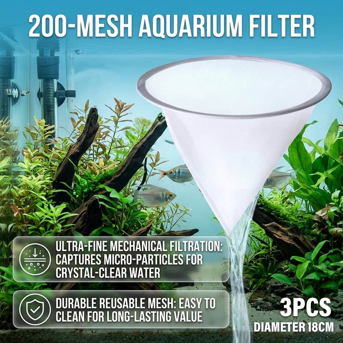 Fine Mesh Aquarium Filter Net 3PCS 200 Mesh Cone Funnel Reusable Nylon Sieve