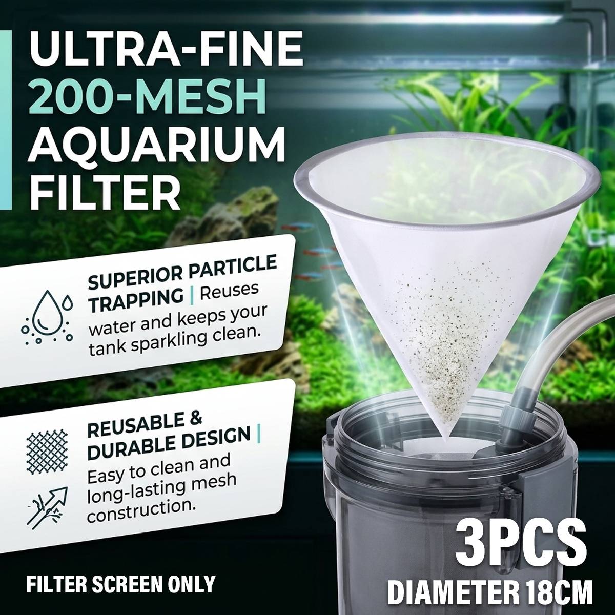 Fine Mesh Aquarium Filter Net 3PCS 200 Mesh Cone Funnel Reusable Nylon Sieve
