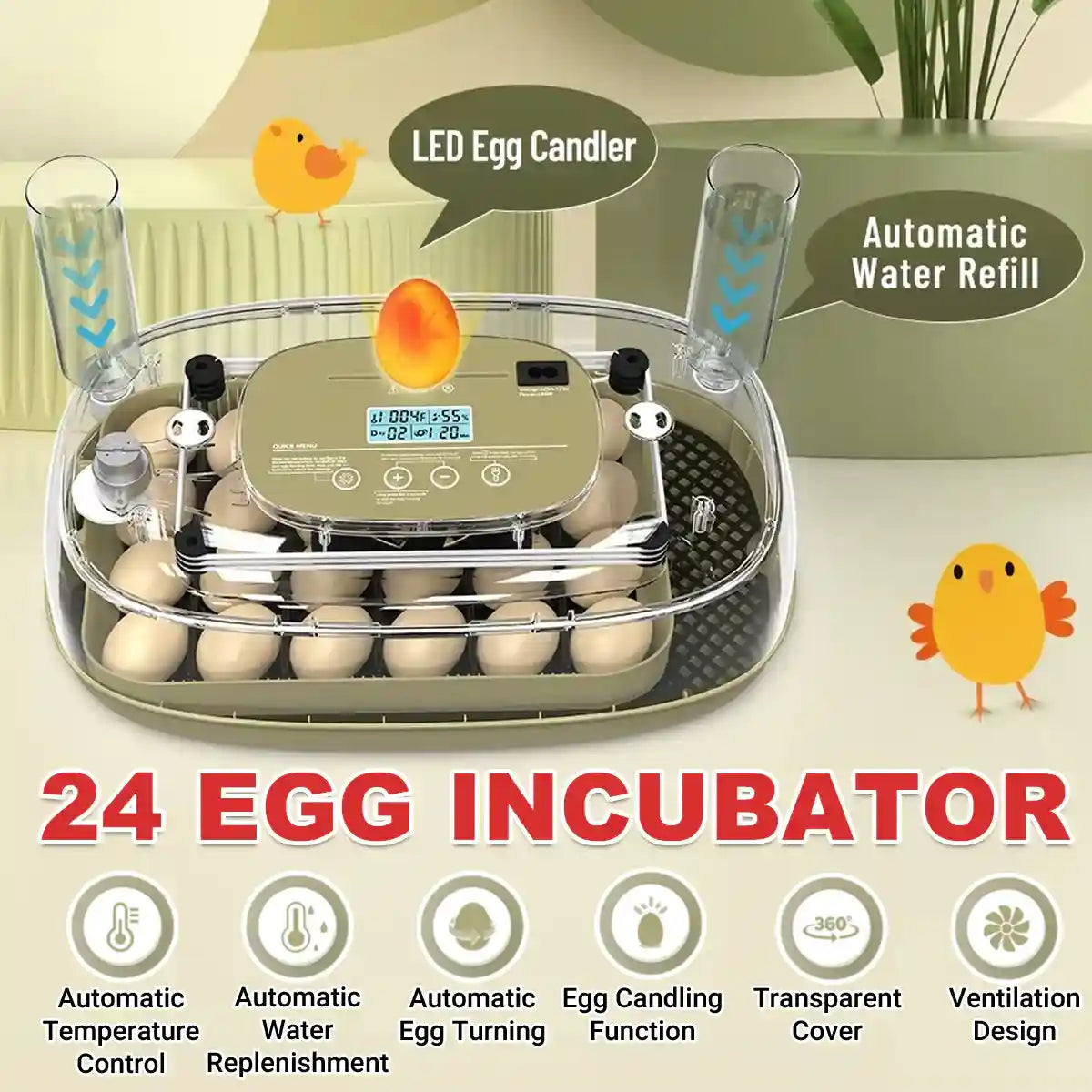24 Egg Incubator Auto Turn Humidity Display Water Refill