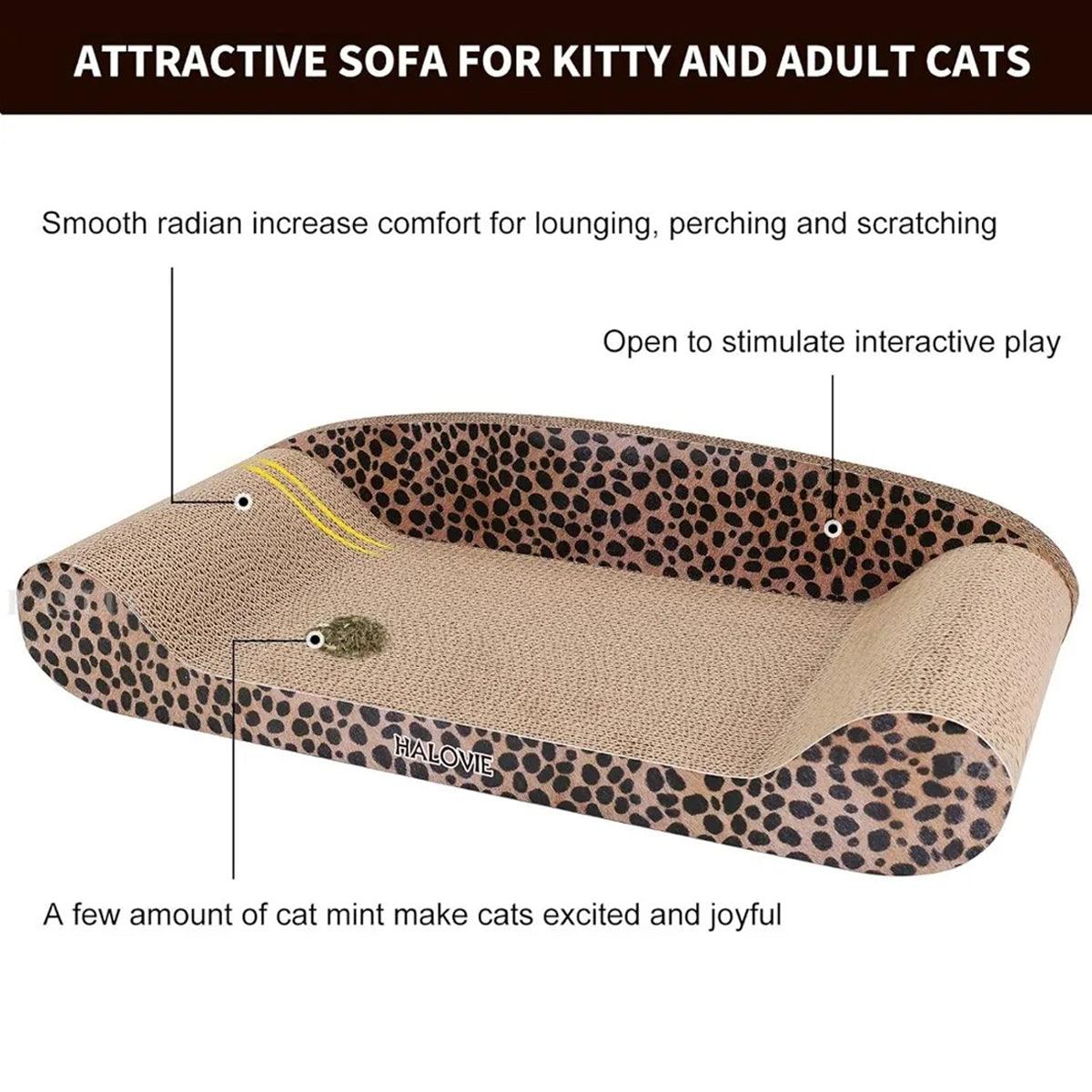 Leopard Print Sofa Lounge with Curved Cat Scratching Pad Surface