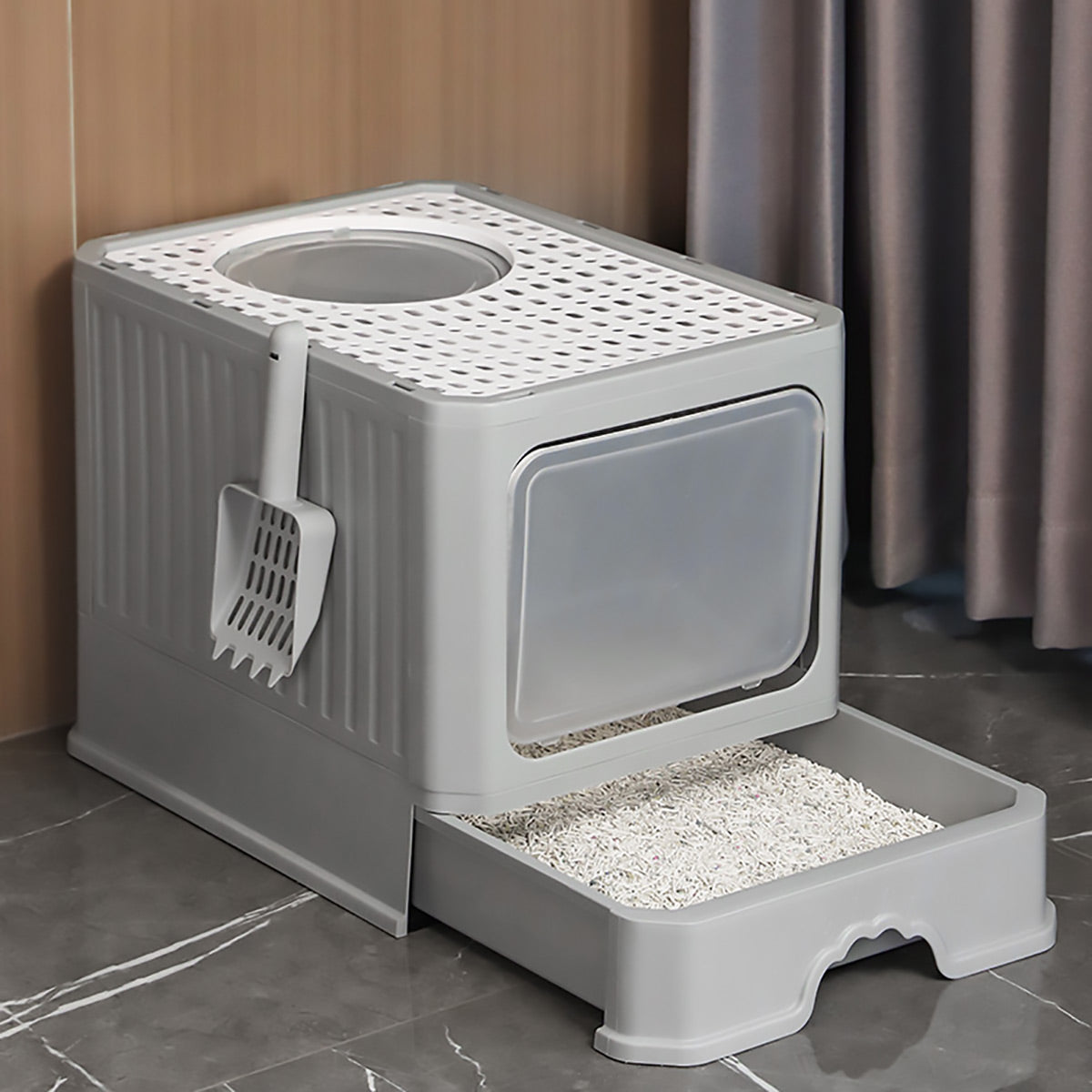 Fully Enclosed Cat Litter Box with Drawer and Scoop
