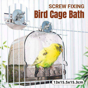 Transparent bird cage bath with secure screw fixing, suitable for small pet birds.