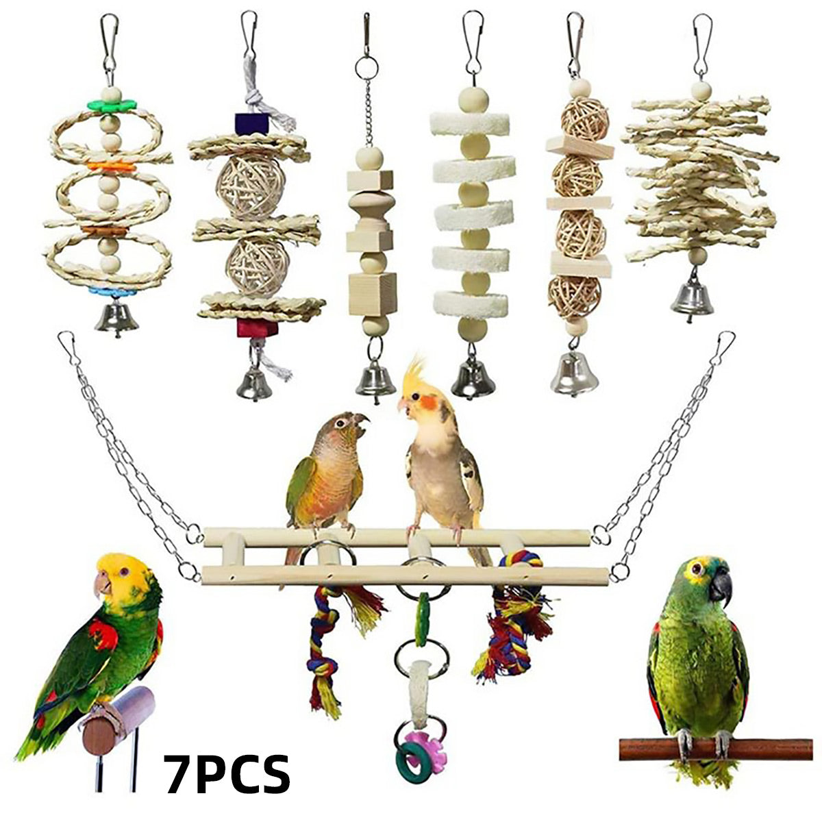 7PCS Bird Toys Set With Wooden Swing And Hanging Chew Toys