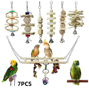 7PCS Bird Toys Set With Wooden Swing And Hanging Chew Toys