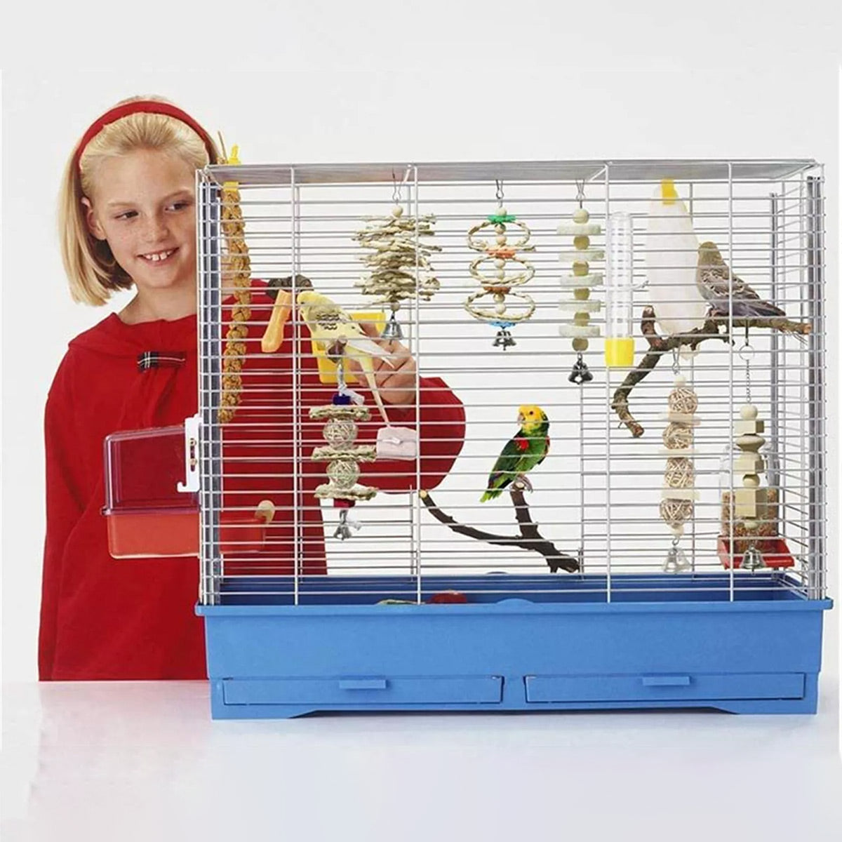 7PCS Bird Toys Set With Wooden Swing And Hanging Chew Toys