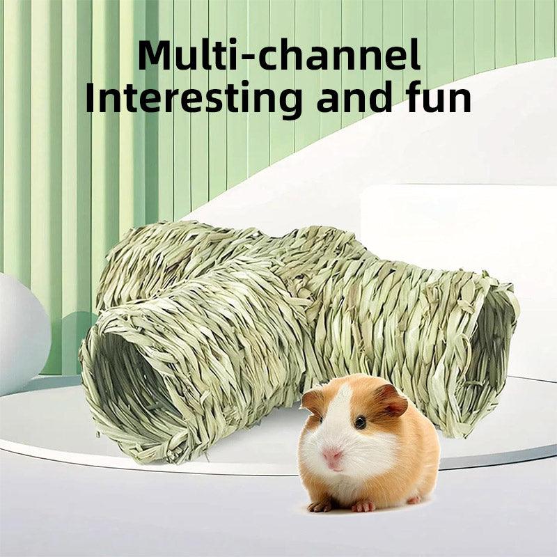 Natural Grass Hideout Tunnel with Chewable Hamster Tubes for Small Pets
