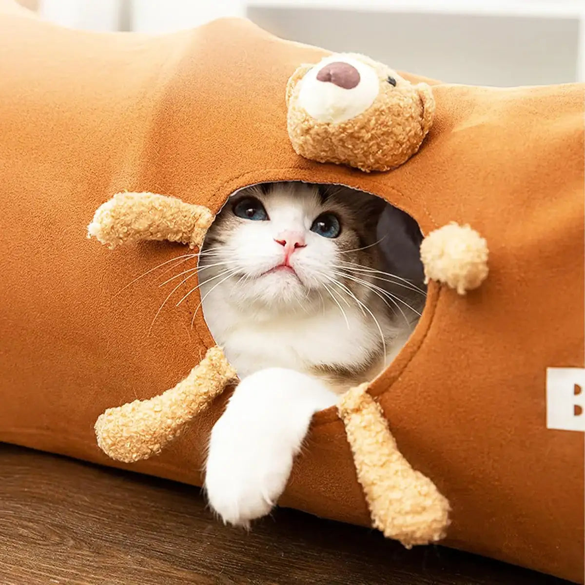 Foldable Cat Tunnel with Bear Toy Indoor Play Tunnel for Cats