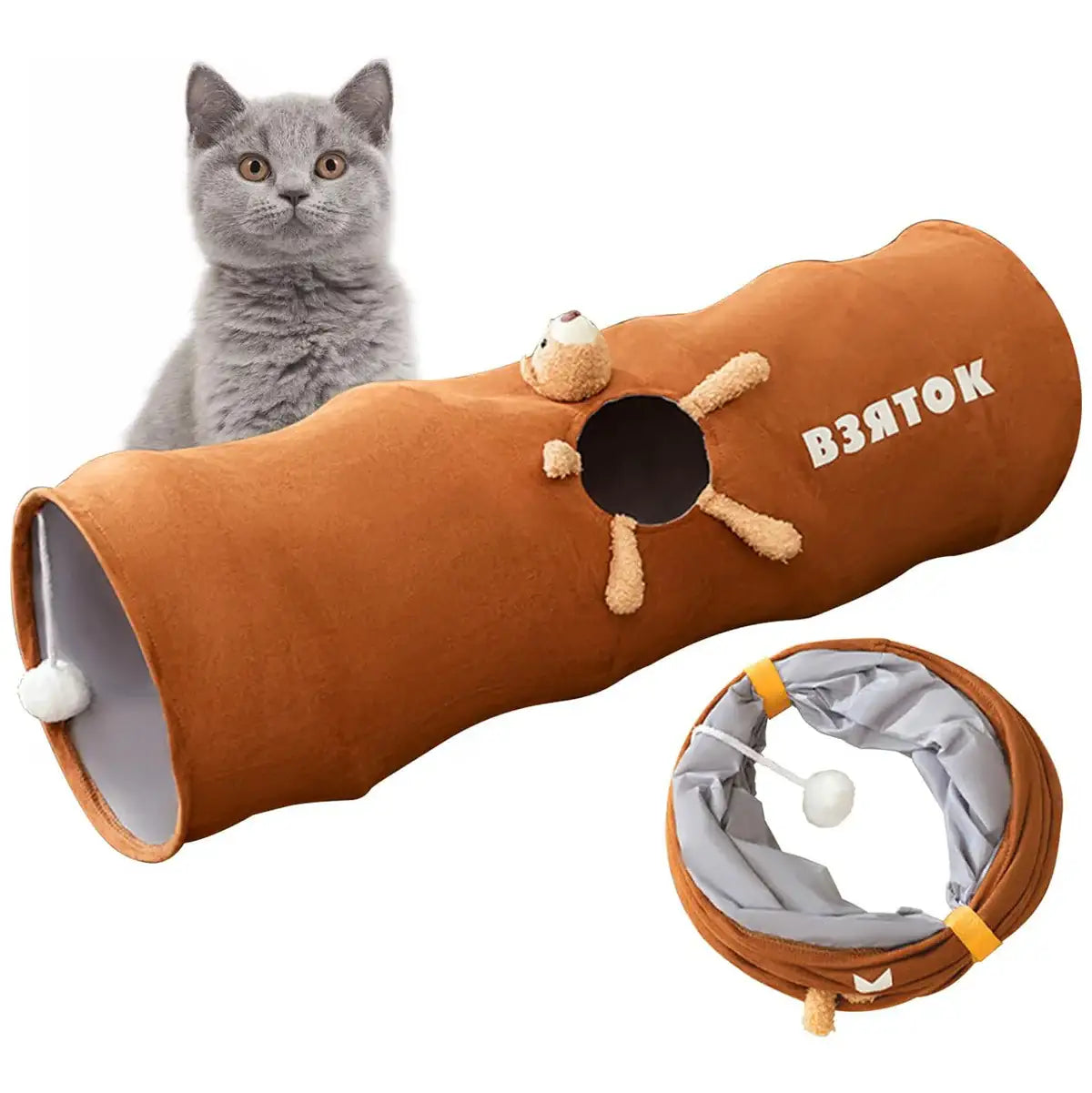 Foldable Cat Tunnel with Bear Toy Indoor Play Tunnel for Cats