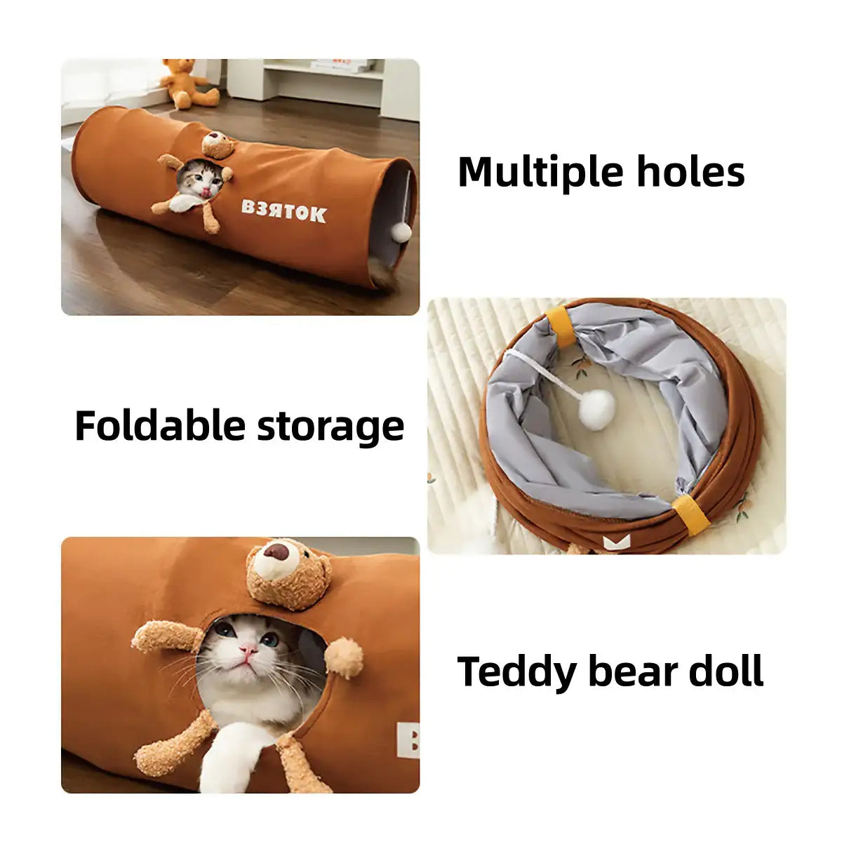 Foldable Cat Tunnel with Bear Toy Indoor Play Tunnel for Cats