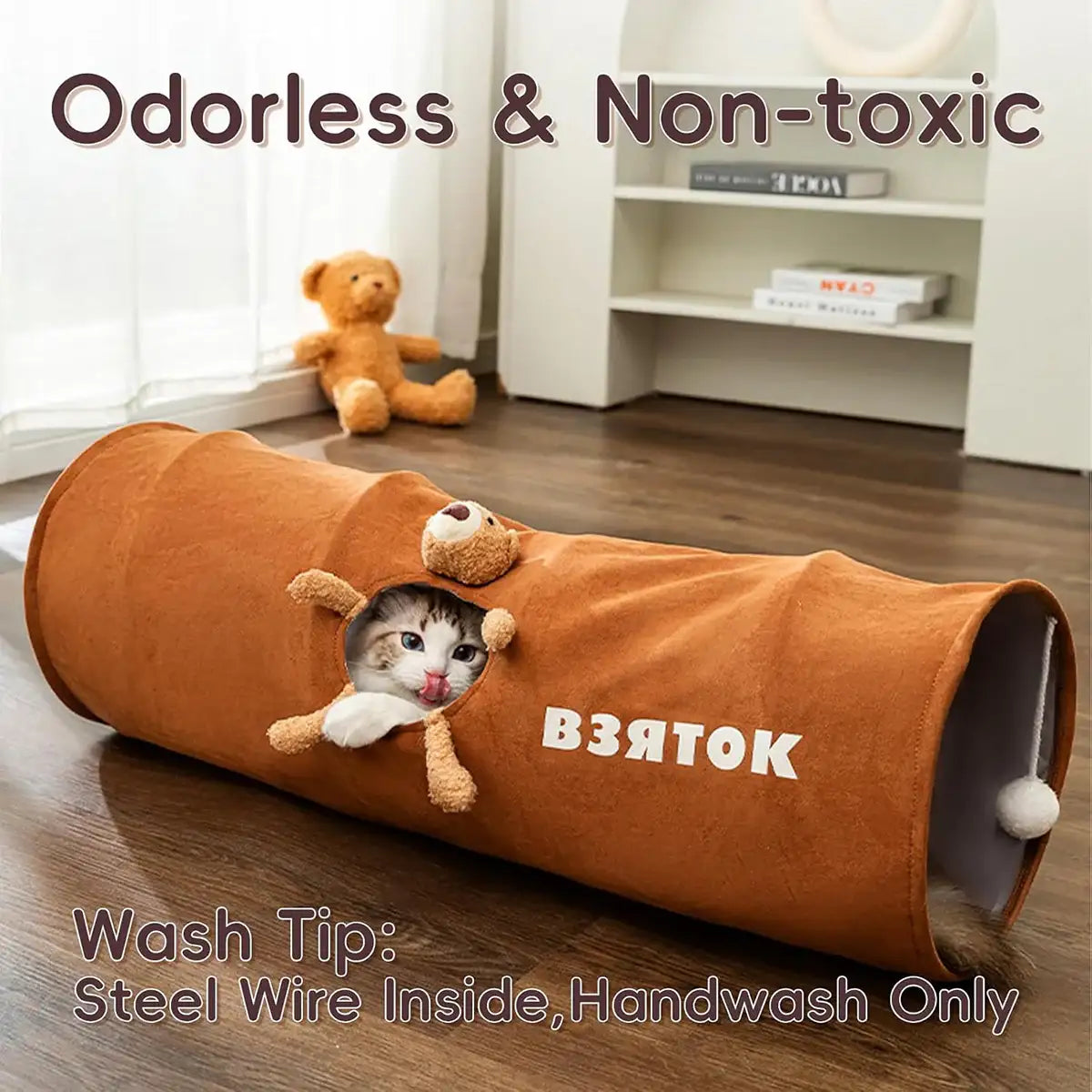 Foldable Cat Tunnel with Bear Toy Indoor Play Tunnel for Cats