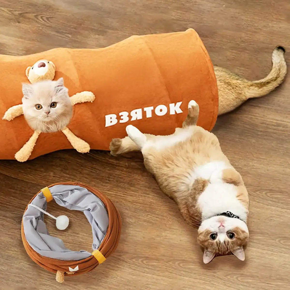 Foldable Cat Tunnel with Bear Toy Indoor Play Tunnel for Cats