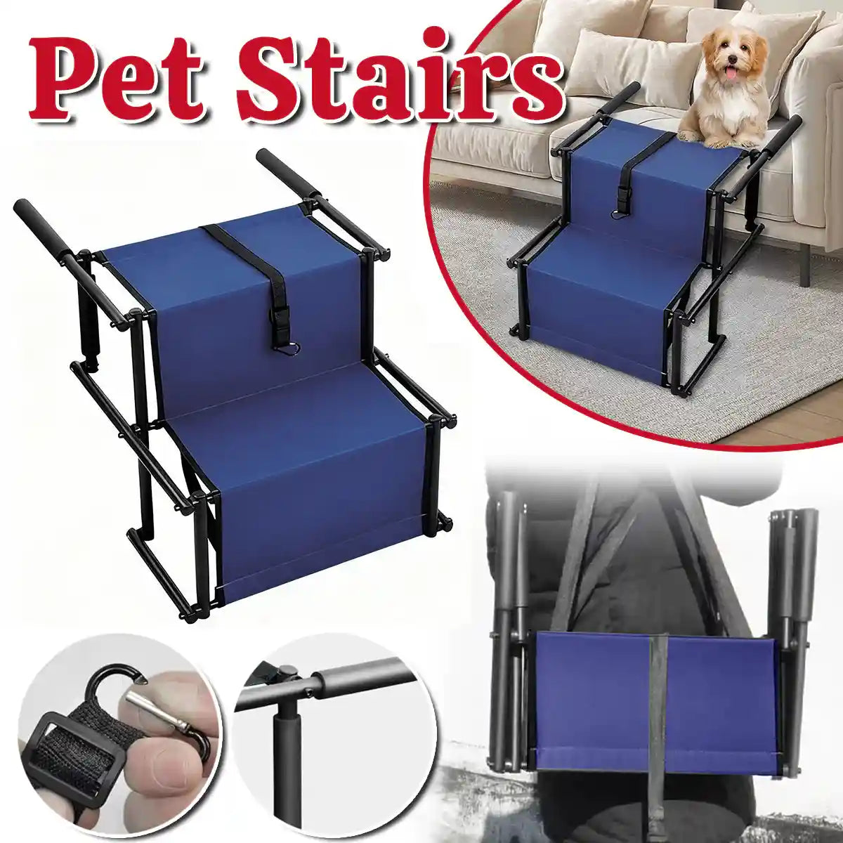 Foldable Pet Stairs for Small Dogs & Cat Non-Slip Steps with Safety Clip