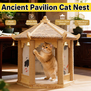 2 in 1 Ancient Pavilion Cat Nest and Scratch Post Modern House Pet Bed Toy