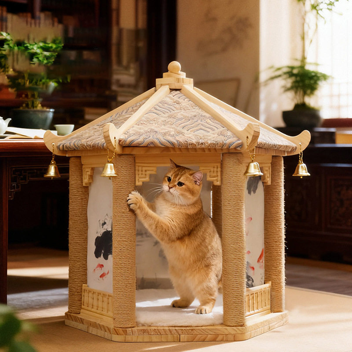 2 in 1 Ancient Pavilion Cat Nest and Scratch Post Modern House Pet Bed Toy