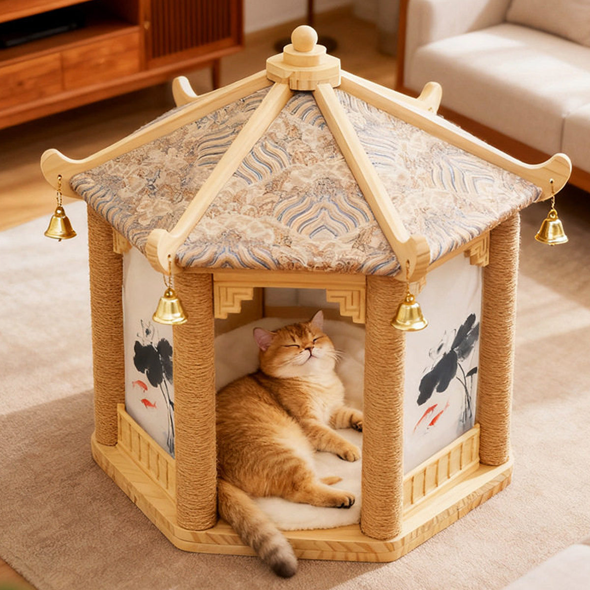 2 in 1 Ancient Pavilion Cat Nest and Scratch Post Modern House Pet Bed Toy