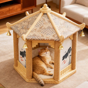2 in 1 Ancient Pavilion Cat Nest and Scratch Post Modern House Pet Bed Toy