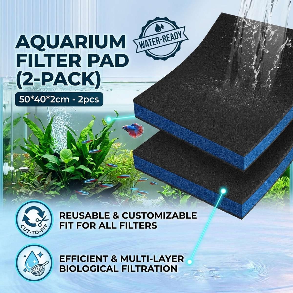 Aquarium Filter Sponge 2PCS - Biochemical Black Cotton Pad