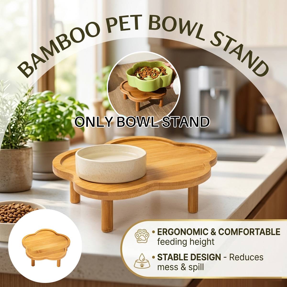 Elevated Bamboo Pet Bowl Stand | Flower Shape Tray, Raised Cat & Dog Feeder