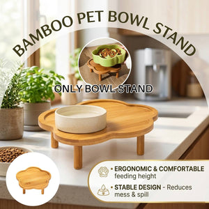 Elevated Bamboo Pet Bowl Stand | Flower Shape Tray, Raised Cat & Dog Feeder