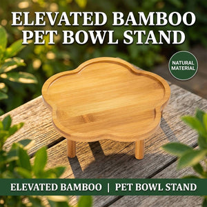 Elevated Bamboo Pet Bowl Stand | Flower Shape Tray, Raised Cat & Dog Feeder